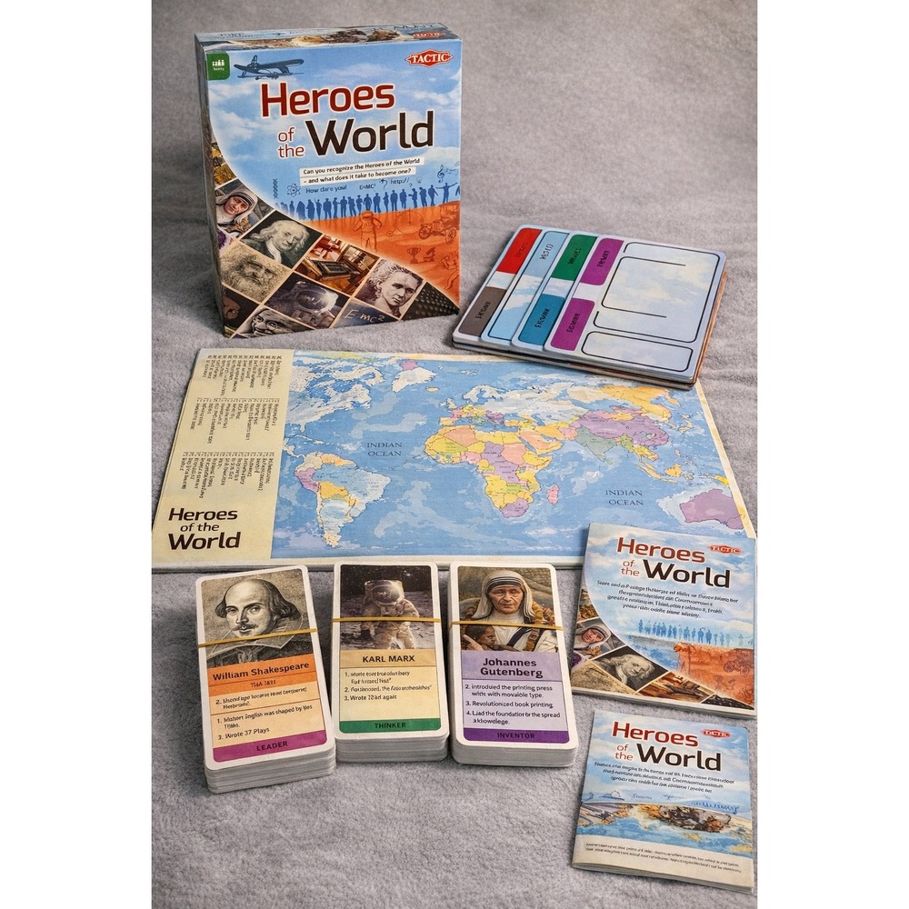 Tactic Heroes of the World Trivia Board Game NEW Complete‎ 200 Cards Map